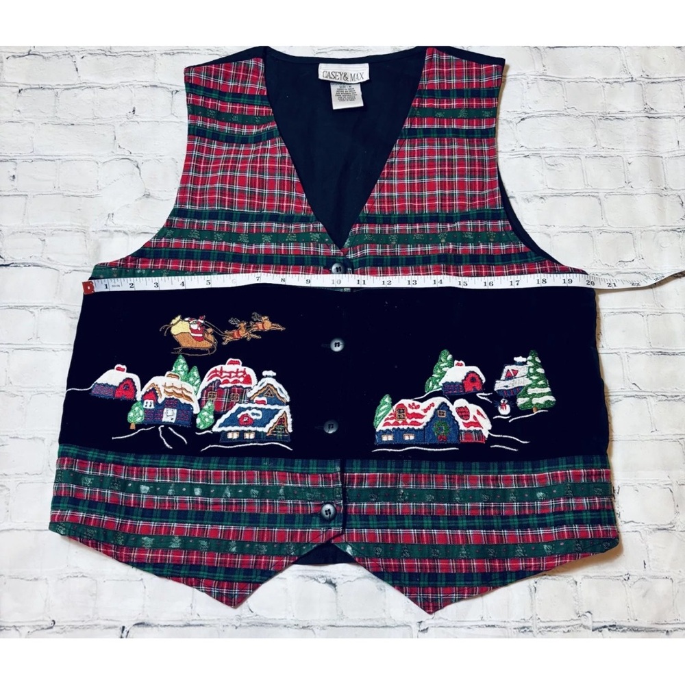 Vintage Casey & Max Black Velvet Tartan Embroidered Christmas Party Vest Size M - Picture 6 of 9